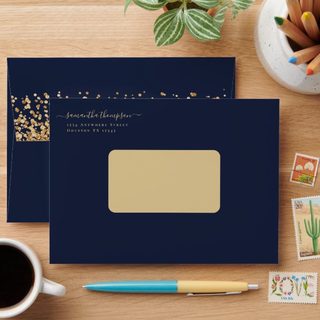 Enveloppe Gold Parties scintillant Navy Blue Script Nom Adre (Desk)