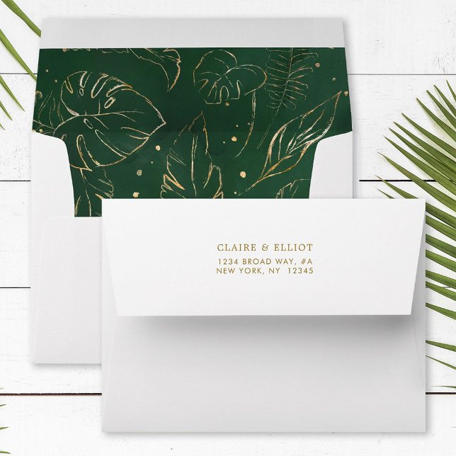 Enveloppe Gold Tropical Foliage Préimpression Adresse 5x7 (Inside & Back)