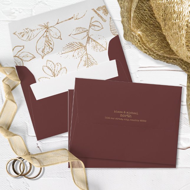 Enveloppe Golden Leaf Motif Mariage Gold/Bourgogne ID655 (Interior/Back In Situ)