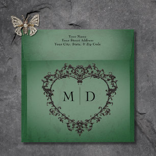 Enveloppe Gothique Mariage Cœur Noir et Vert à filigrane