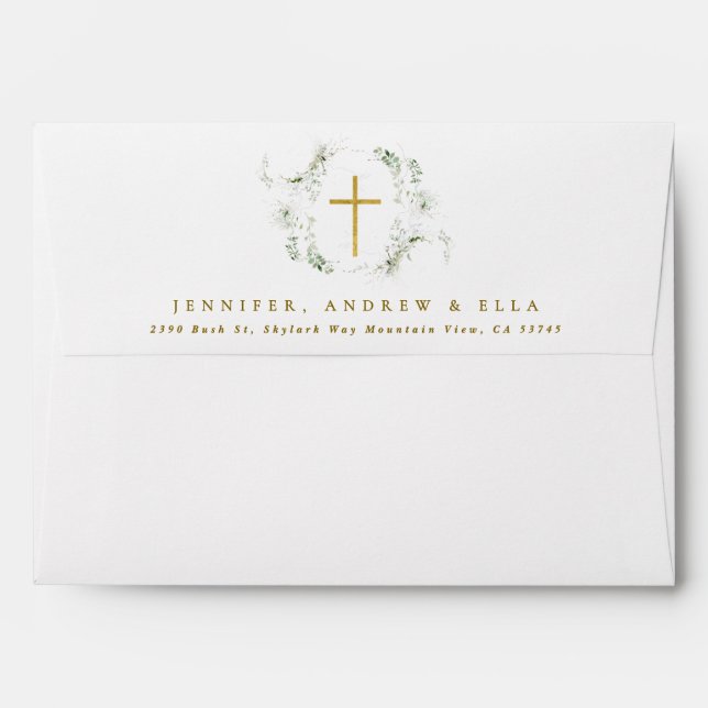 Enveloppe Green Eucalyptus Gold Cross Wreath Girl Baptism (Dos (Haut rabat))