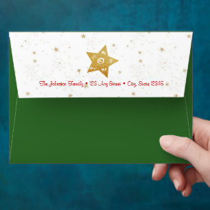Enveloppe Green Gold Stars Christmas Script Nom Bold Rustiqu