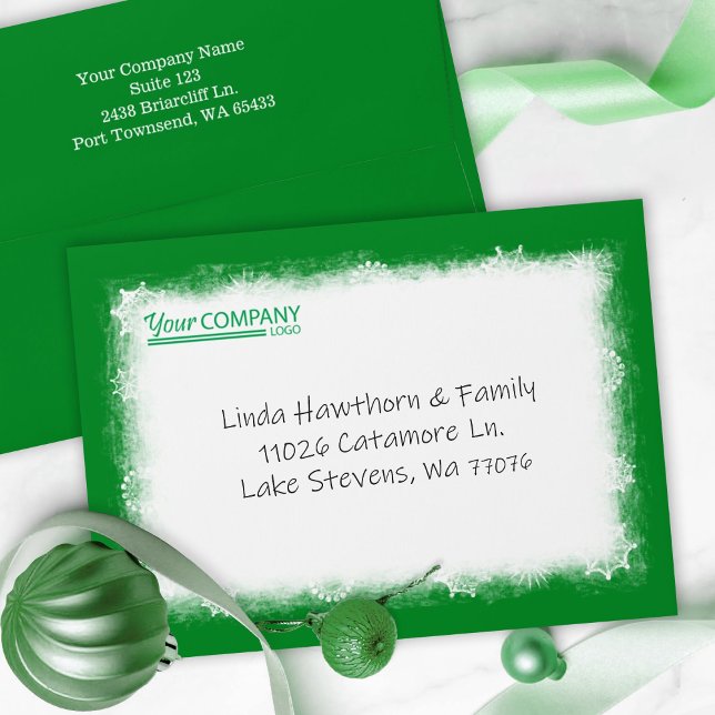 Enveloppe Green White Snowflakes Company Logo pré-adressé (green logo green company Christmas card envelopes, holiday greetings, clients employees, mailing)