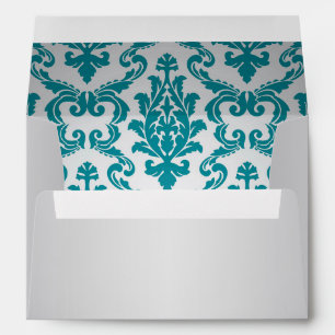 Enveloppe gris-argent avec motif damassé turquois