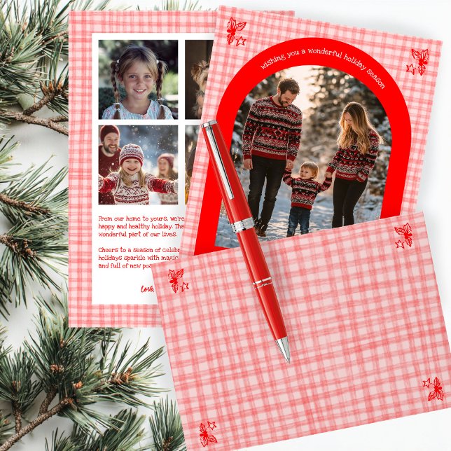 Enveloppe Hand-Drawn Gingham Pattern Pink Red Holly CUSTOM (Hand-Drawn Gingham Pattern Pink Red Holly CUSTOM Holiday Christmas Envelope
)