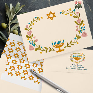 Enveloppe HANOUKKA Floral Wreath Menorah w Adresse de retour