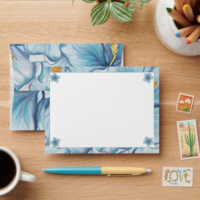 Enveloppe Hibiscus & dentelle TURQUOISE (Desk)