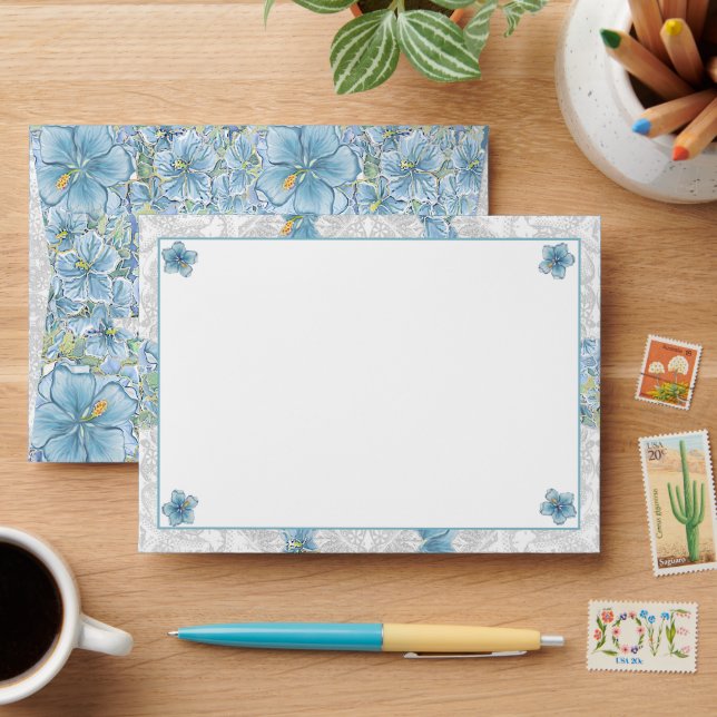Enveloppe Hibiscus & dentelle TURQUOISE (Desk)