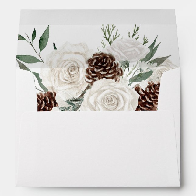Enveloppe Hiver Blanc Floral & Pin (Dos (Bas))