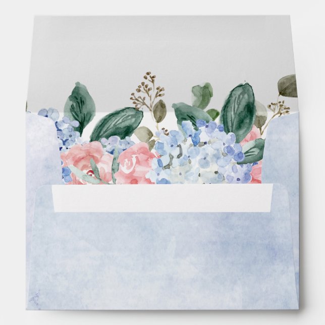 Enveloppe Hydrangées bleu pâle rose pastel mariage (Dos (Bas))