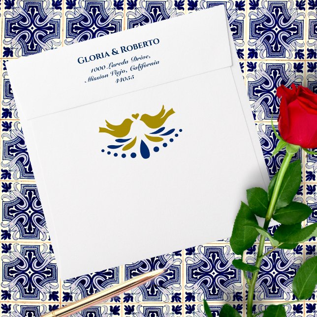 Enveloppe Inséparables Bleus Et Dorés Carré Mariage Mexicain (Créateur téléchargé)