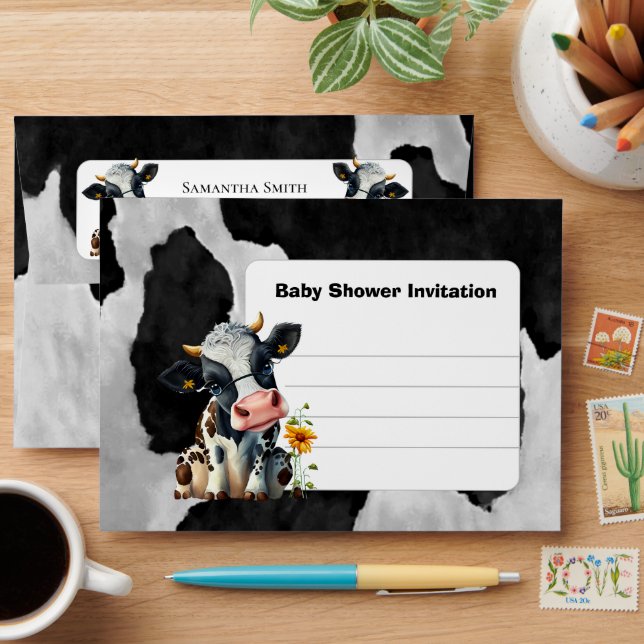 Enveloppe Invitation au Baby shower de Vache noire (Desk)