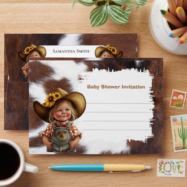 Enveloppe Invitation baby shower Cute Cowgirl (Desk)