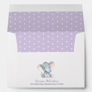Enveloppe Invitation Baby shower d'éléphant violet et gris