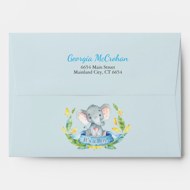 Enveloppe Invitation Baby shower éléphant bleu et gris (Dos (Haut rabat))
