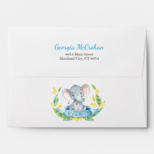 Enveloppe Invitation Baby shower éléphant bleu et gris