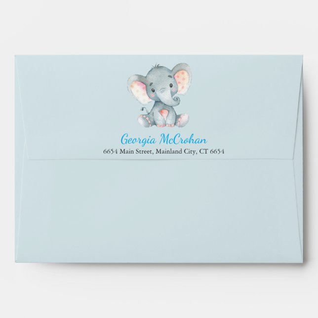 Enveloppe Invitation Baby shower éléphant bleu et gris (Dos (Haut rabat))