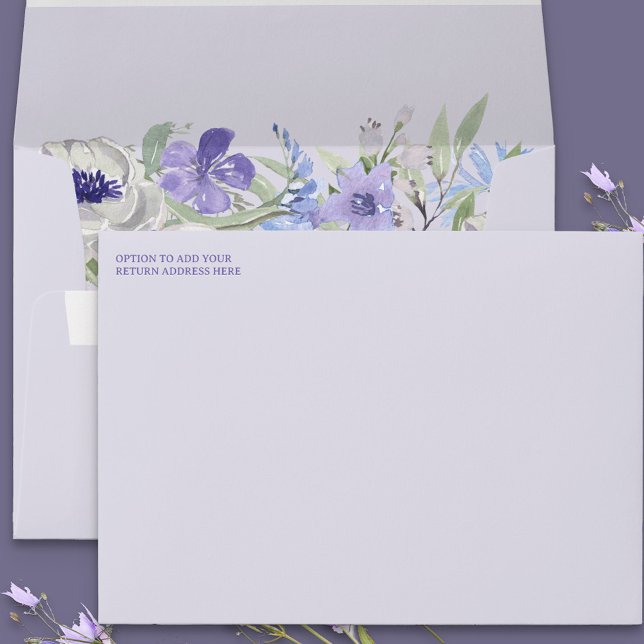 Enveloppe Invitation florale de lavande violette (Lavender lilac invitation envelopes with return address and purple floral interior)