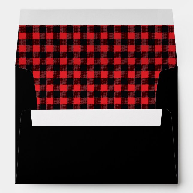 Enveloppe invitation noire rouge rustique de plaid de (Dos (Bas))