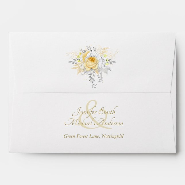 Enveloppe Invitation ROSES d'argent blanc indulgent (Dos (Haut rabat))