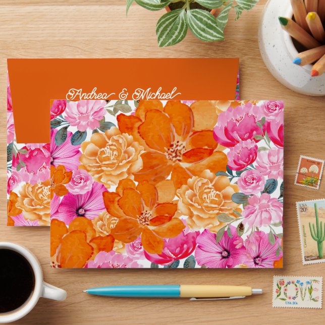 Enveloppe Jardin animé | Mariage floral rose et orange (Desk)