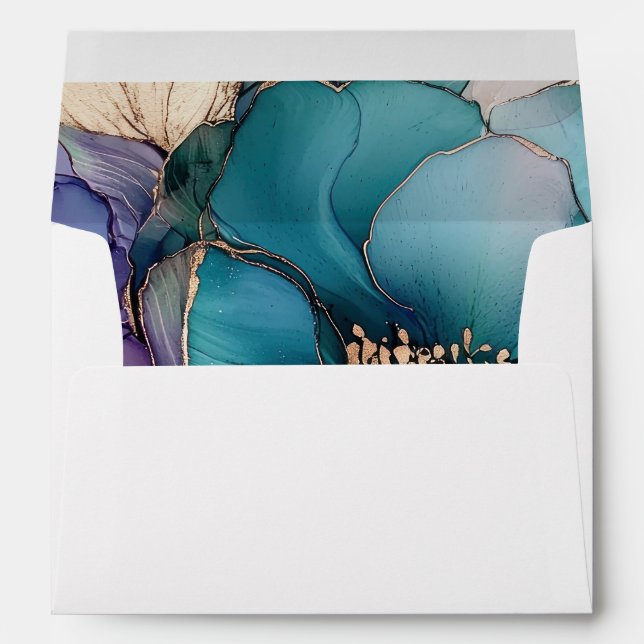 Enveloppe Joli Aqua bleu violet or Floral (Dos (Bas))
