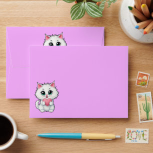 Enveloppe Joli Chat Blanc Tenant Un Coeur 1 + texte
