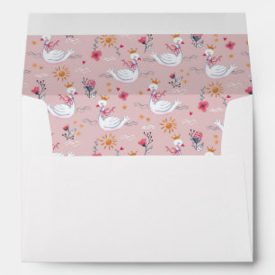 Enveloppe Joli cygne rose & motif floral soleil avec nom