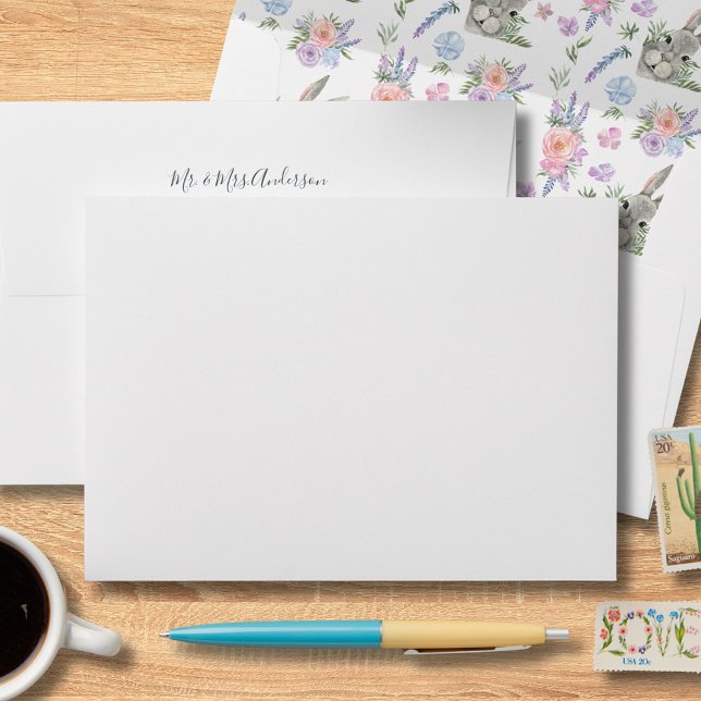 Enveloppe Joli Lapin Gris Violet Floral Blanc (Créateur téléchargé)