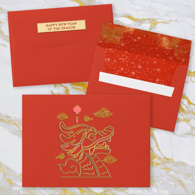 Enveloppe Joyeuse année chinoise de l'or rouge du Dragon 202 (Front, Back (Bottom), Back (Top Flap))