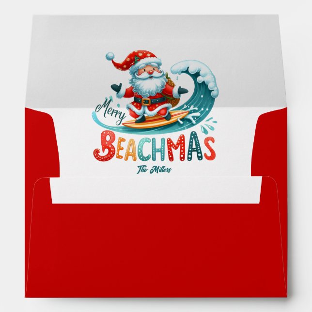 Enveloppe Joyeux Beachmas Père Noël Surfing Retro Design (Dos (Bas))