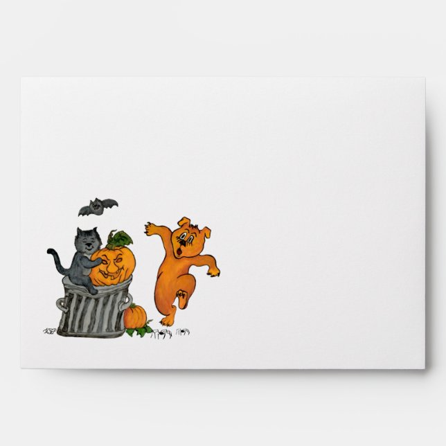 Enveloppe Joyeux Halloween avec Chat Chat Chien et Araignée (Devant)