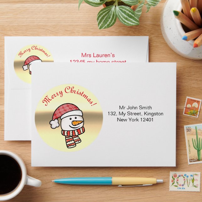 Enveloppe Joyeux Noël, bonhomme de neige avec des vêtements  (Desk)
