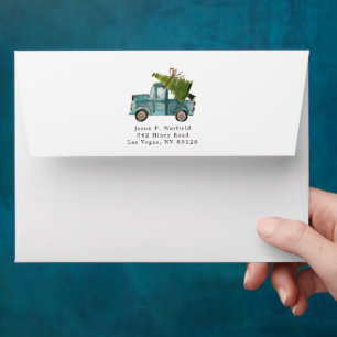 Enveloppe Joyeux Noël   Fêtes camion bleu aquarelle
