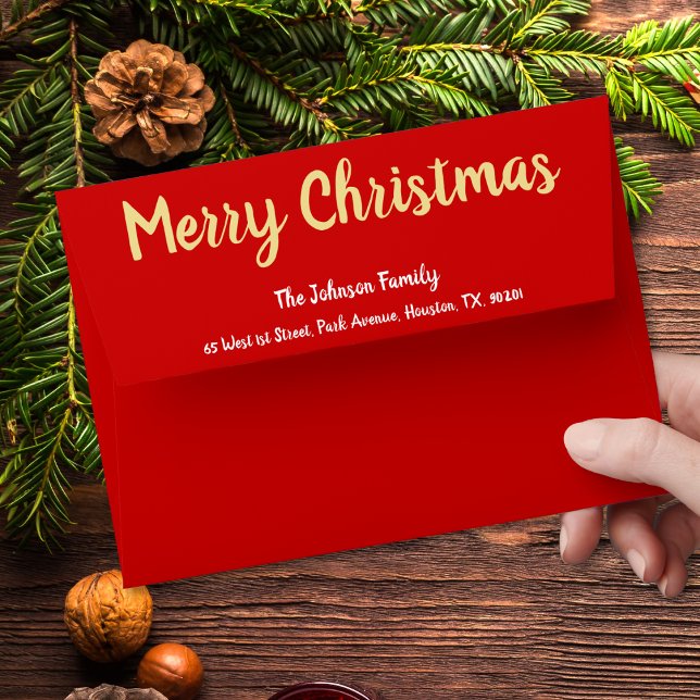 Enveloppe Joyeux Noël Or Blanc Rouge Vacances (Merry Christmas Gold White Red Holiday Mailing Envelope)