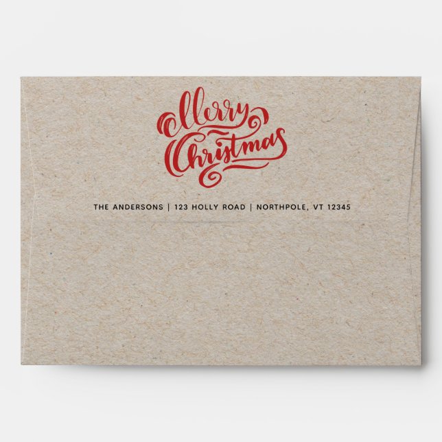Enveloppe Joyeux Noël rouge Script Kraft 5x7 adressés (Dos (Haut rabat))