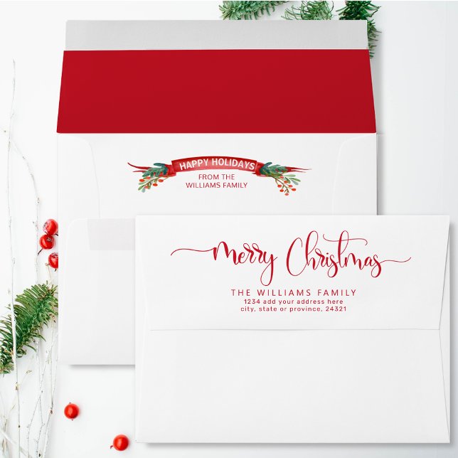 Enveloppe Joyeux Noël Script, blanc et rouge, Vacances (Créateur téléchargé)