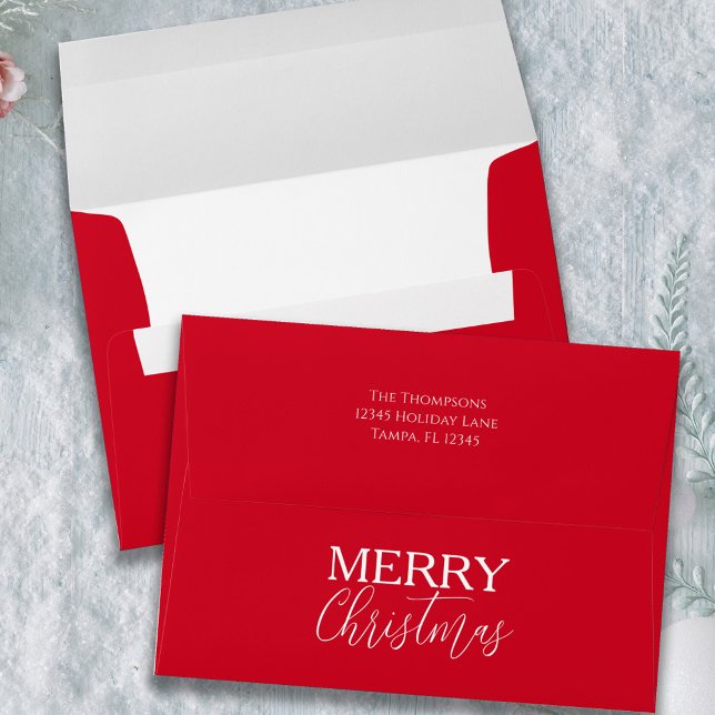 Enveloppe Joyeux Noël Vacances Simple Calligraphie Script (Merry Christmas red and white envelope. With return address printed)