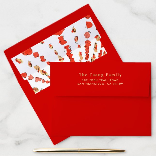Enveloppe Lanternes d'aquarelle chinois Lunaire Nouvel An Ro (Bright red with yellow text return address envelope with Chinese lunar new year lanterns liner.)