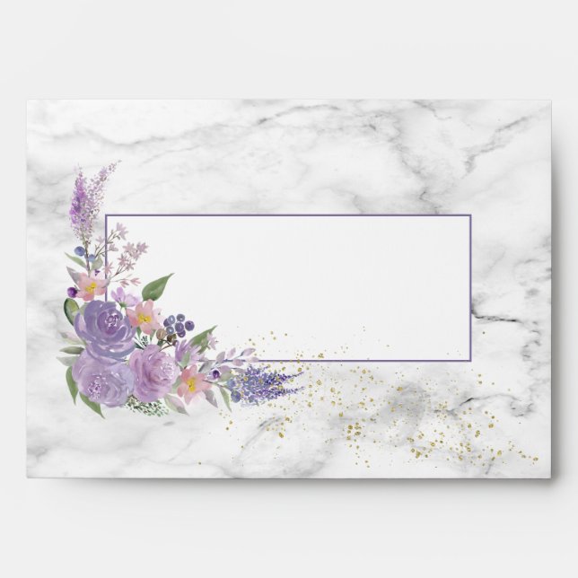 Enveloppe Lavande Rustique Lilac Marbre or Mariage Floral (Devant)