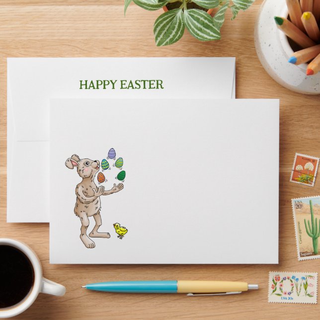 Enveloppe Le lapin de Pâques jongle avec les oeufs de Pâques (Desk)