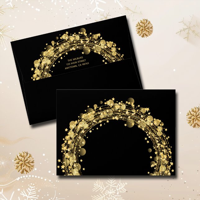 Enveloppe Les étoiles d'or sur Noir Joyeux Noël (Christmas gold stars on black envelopes, FREE return address on the back.)