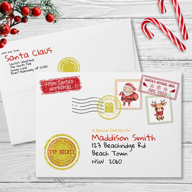 Enveloppe Lettre De Nom Personnalisée Du Pôle Nord Père Noël (Personalized Name Letter From Santa North Pole Envelope for kids cute watercolor red gold vintage )