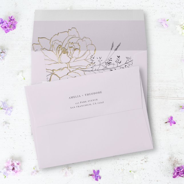 Enveloppe Ligne simple et élégante Floral Lilac Mariage or (Créateur téléchargé)
