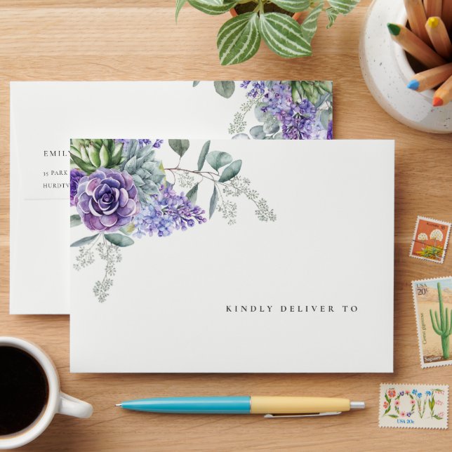Enveloppe Lilac Succulent Eucalyptus Botanical Bunch Mariage (Desk)