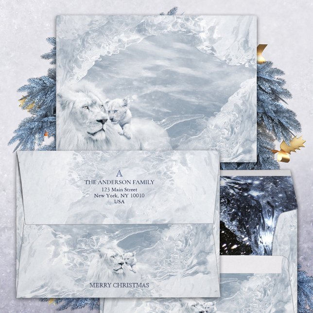 Enveloppe Lion blanc et petit-déjeuner sur neige, Noël Magie (Créateur téléchargé)