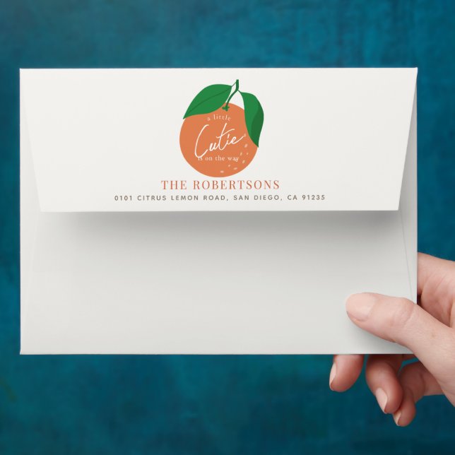 Enveloppe Little Cutie Baby shower moderne orange (Hand)