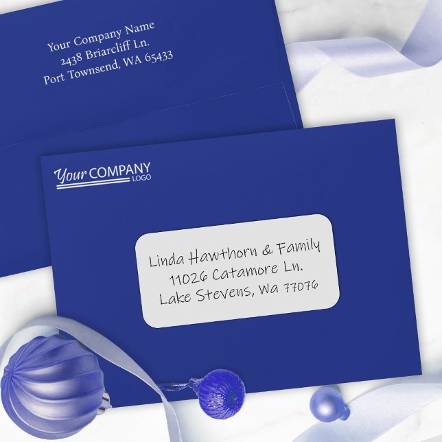 Enveloppe Logo commercial Blue Company - Préadressé 5x7 (solid blue Christmas card envelope, white logo address, business employee holiday greeting envelopes)