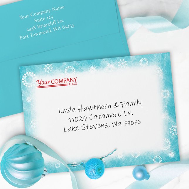 Enveloppe Logo de Noël d'hiver Turquoise, Flèche de neige bl (turquoise teal cyan aqua white snowflake company holiday card envelopes, red business logo Christmas)