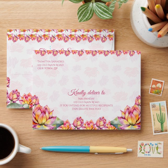 Enveloppe Lotus rose mariage indien correspondant au budget  (Desk)